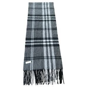 100% Cashmere Gray Black White Plaid Scarf 70x12.5 Made in Italy